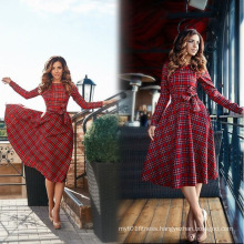 Red Checks Long Sleeve Womens Popular Retro Swing Dresses